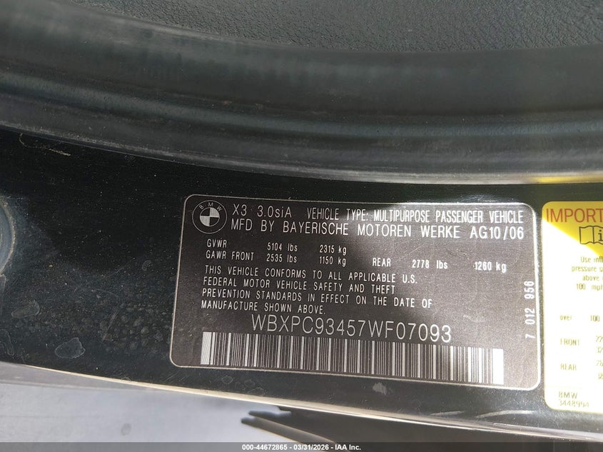 2007 BMW X3 3.0Si VIN: WBXPC93457WF07093 Lot: 44672865