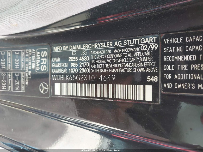 1999 Mercedes-Benz Clk 320 VIN: WDBLK65G2XT014649 Lot: 44672867