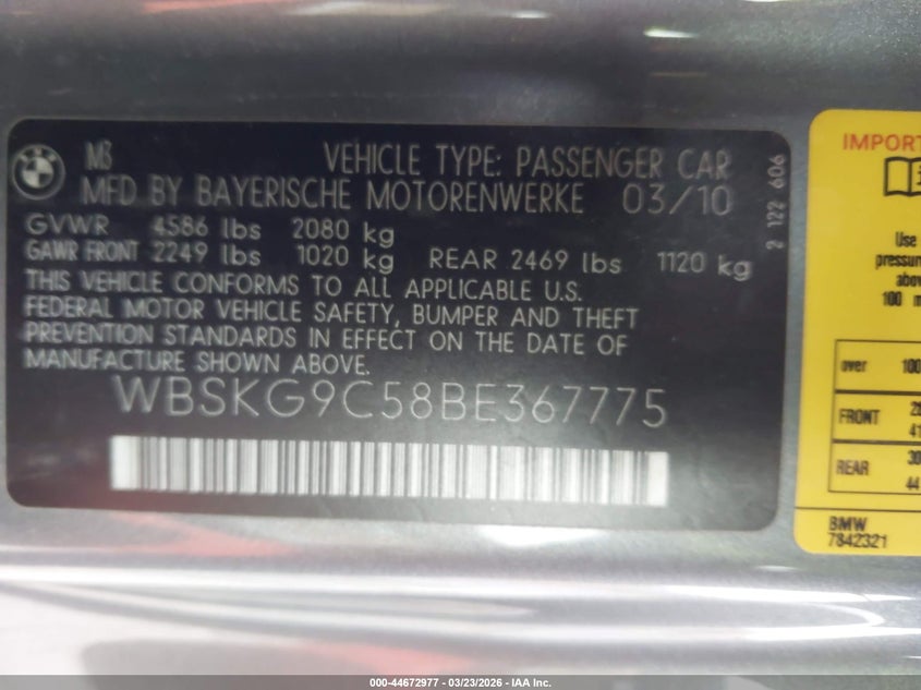2011 BMW M3 VIN: WBSKG9C58BE367775 Lot: 44672977