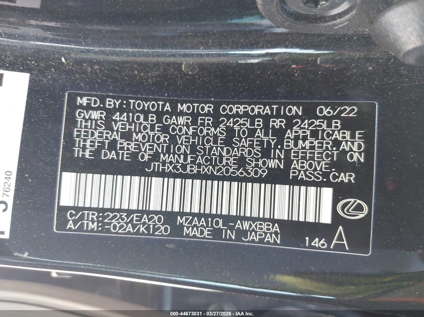 2022 Lexus Ux 200 Base/200 F Sport/200 Luxury VIN: JTHX3JBHXN2056309 Lot: 44673031