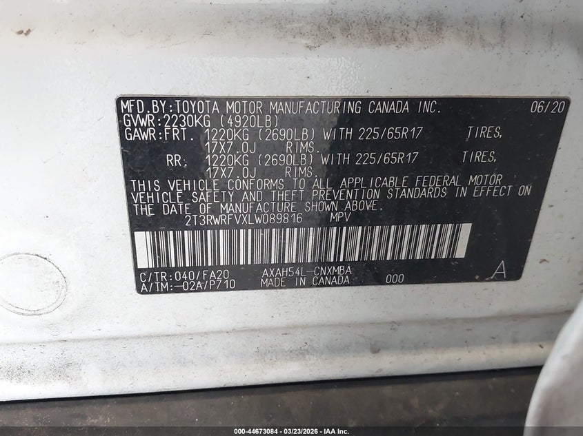 VIN 2T3RWRFVXLW089816 2020 TOYOTA RAV4 HYBRID XLE