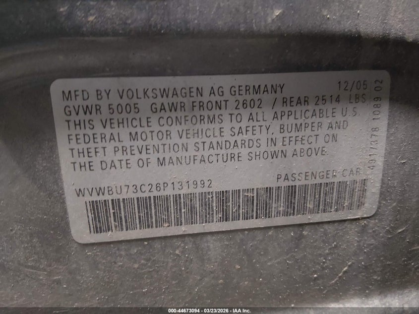 2006 Volkswagen Passat 3.6 VIN: WVWBU73C26P131992 Lot: 44673094