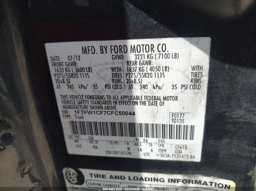 2012 Ford F-150 5.0 Lariat Unknown Lot 111044673238 Vin 1FTFW1CF7CFC50044