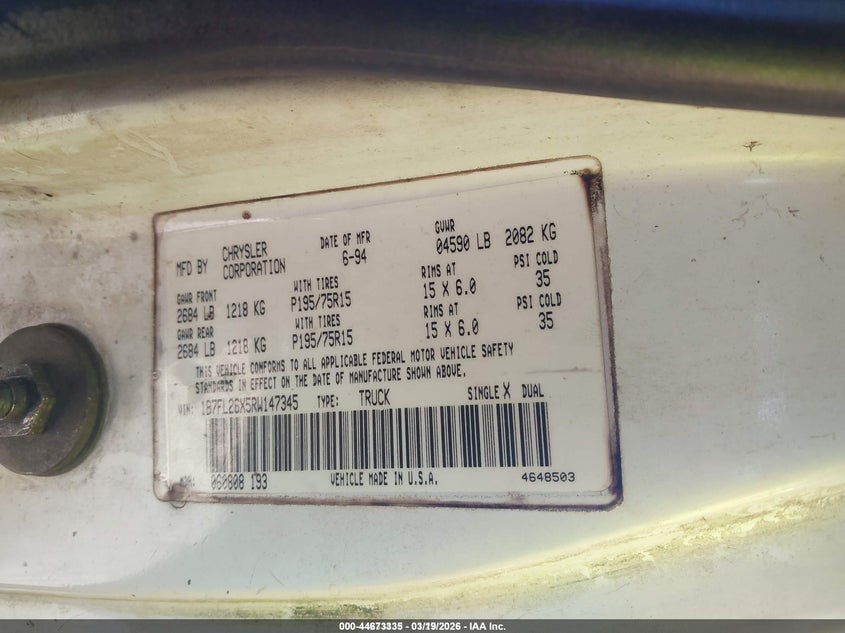 1994 Dodge Dakota VIN: 1B7FL26X5RW147345 Lot: 44673335