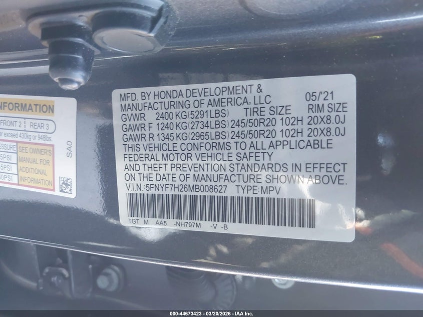 VIN 5FNYF7H26MB008627 2021 HONDA PASSPORT 2WD SPORT