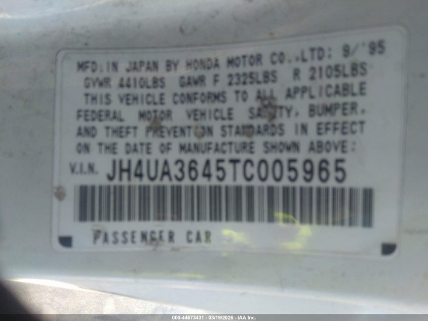 1996 Acura 3.2Tl VIN: JH4UA3645TC005965 Lot: 44673431