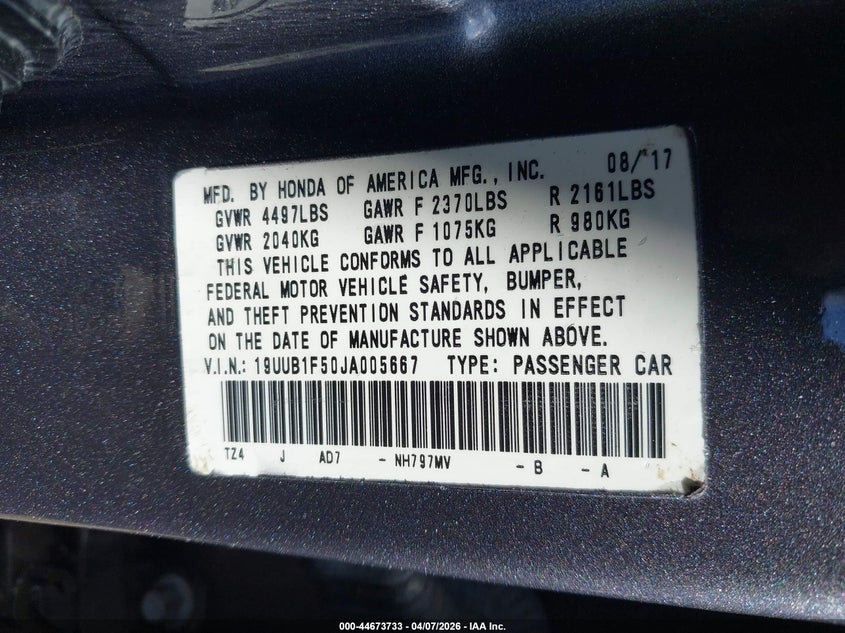 2018 Acura Tlx Tech Pkg VIN: 19UUB1F50JA005667 Lot: 44673733