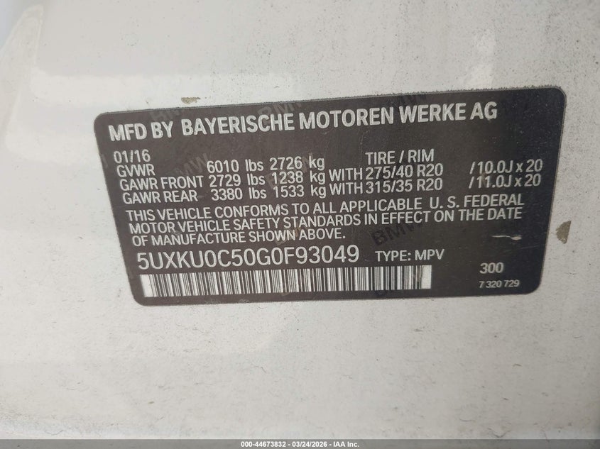 2016 BMW X6 Sdrive35I VIN: 5UXKU0C50G0F93049 Lot: 44673832