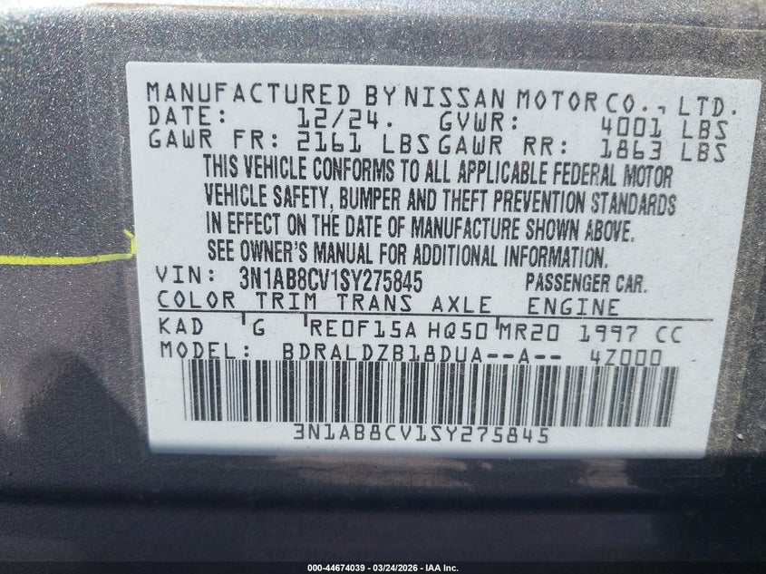 VIN 3N1AB8CV1SY275845 2025 NISSAN SENTRA SV