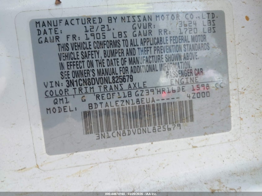 2022 Nissan Versa 1.6 S Xtronic Cvt VIN: 3N1CN8DV0NL825679 Lot: 44674168