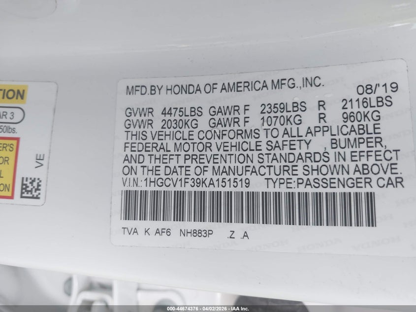 VIN 1HGCV1F39KA151519 2019 HONDA ACCORD SPORT