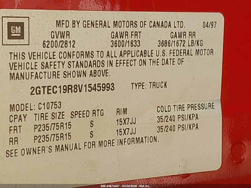1997 GMC Sierra 1500 Sl Wideside VIN: 2GTEC19R8V1545993 Lot: 44674457