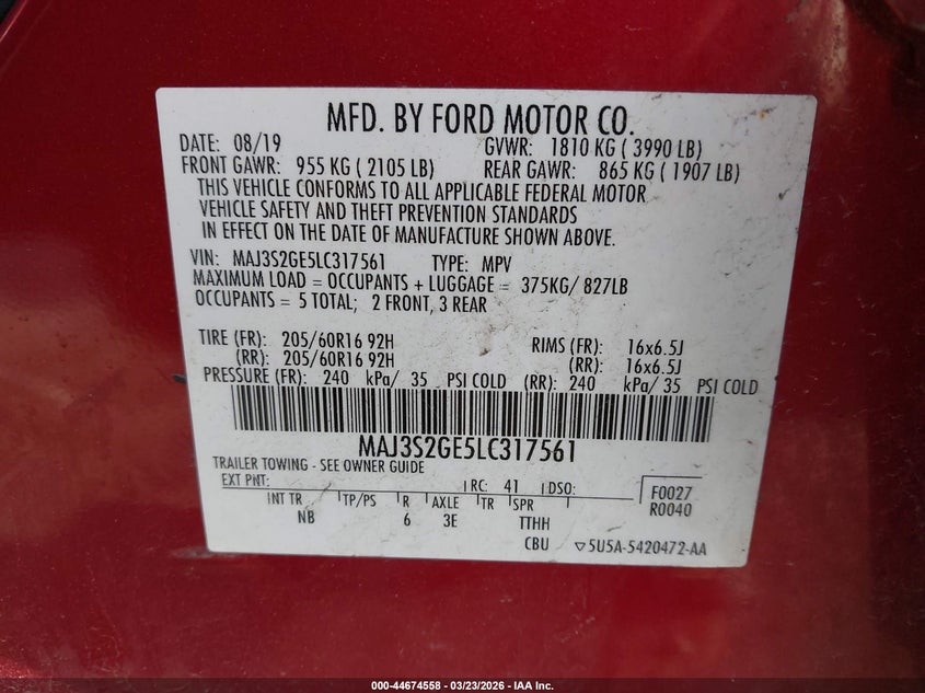 VIN MAJ3S2GE5LC317561 2020 FORD ECOSPORT SE