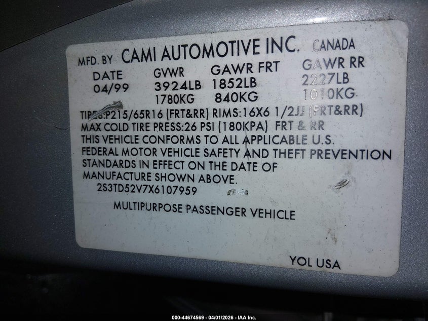 1999 Suzuki Vitara Jx/Jx+ VIN: 2S3TD52V7X6107959 Lot: 44674569