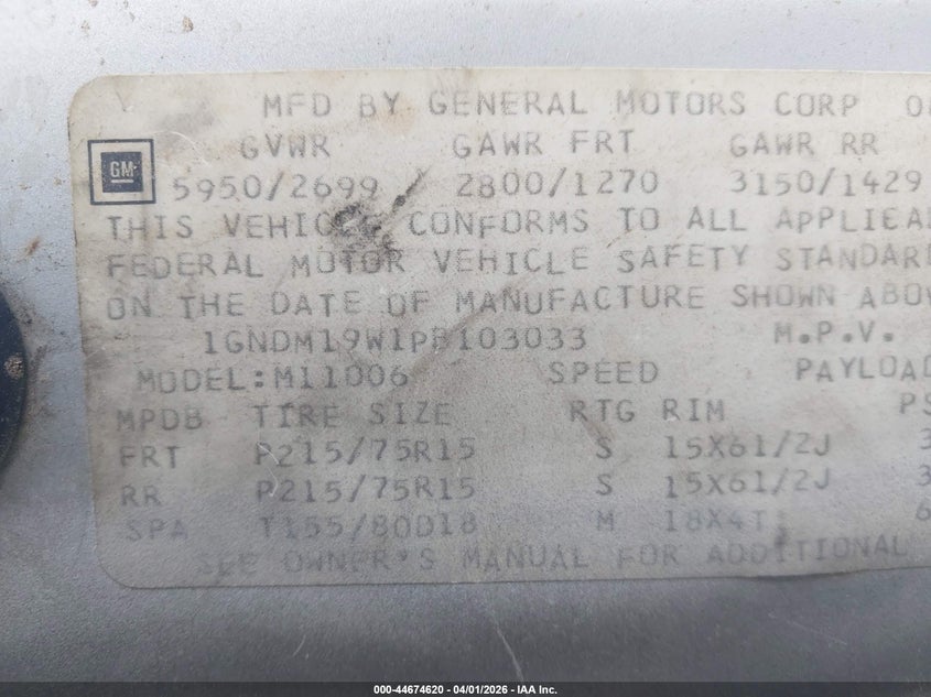 1993 Chevrolet Astro VIN: 1GNDM19W1PB103033 Lot: 44674620