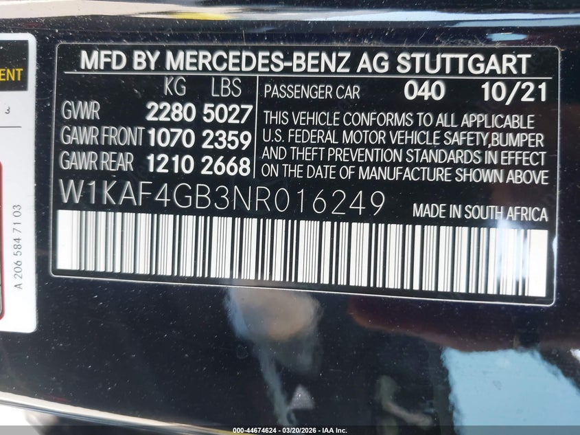 2022 Mercedes-Benz C 300 Sedan VIN: W1KAF4GB3NR016249 Lot: 44674624