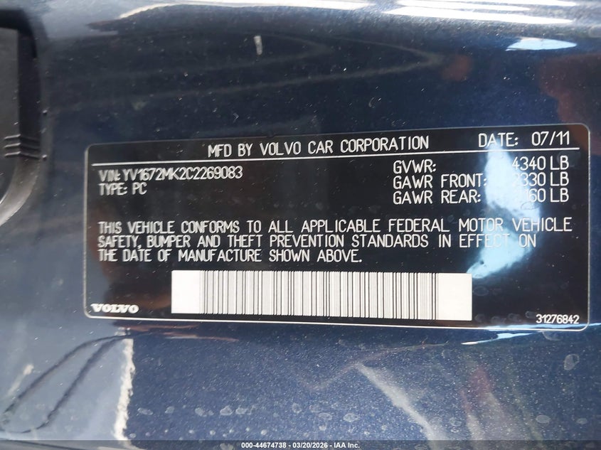 2012 Volvo C30 T5 VIN: YV1672MK2C2269083 Lot: 44674738