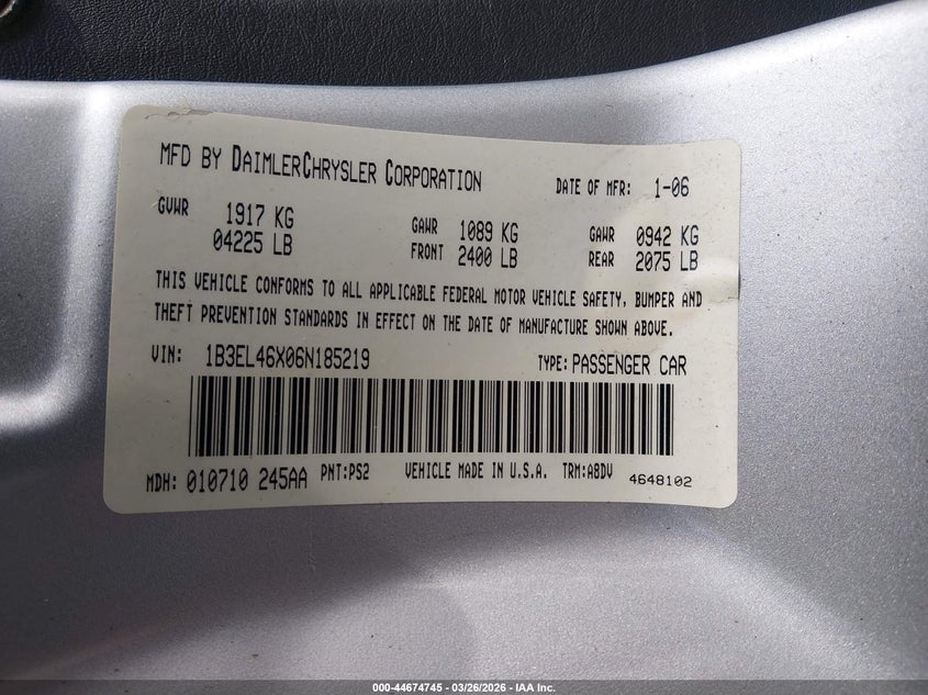 2006 Dodge Stratus Sxt VIN: 1B3EL46X06N185219 Lot: 44674745