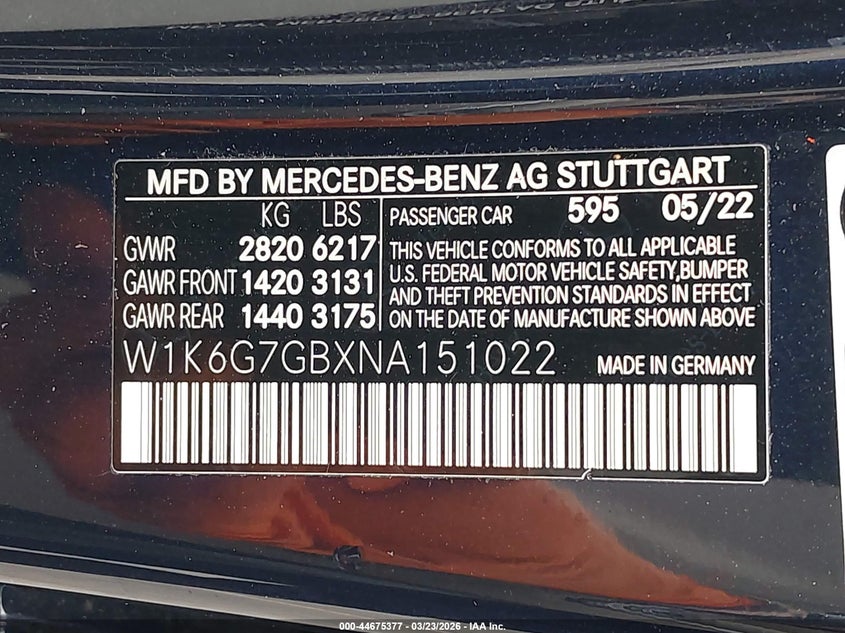 2022 Mercedes-Benz S 580 4Matic VIN: W1K6G7GBXNA151022 Lot: 44675377