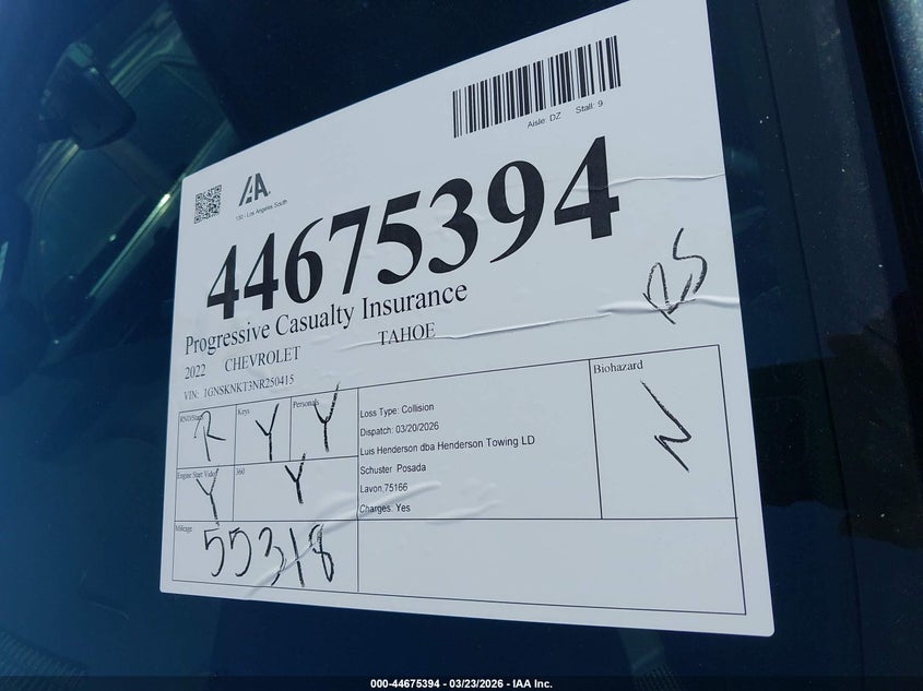 2022 Chevrolet Tahoe 4Wd Lt VIN: 1GNSKNKT3NR250415 Lot: 44675394