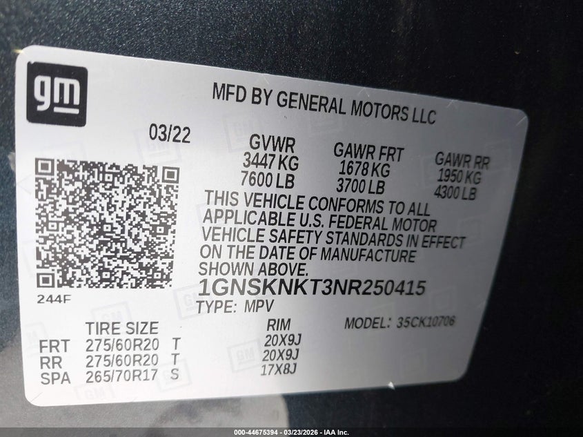 2022 Chevrolet Tahoe 4Wd Lt VIN: 1GNSKNKT3NR250415 Lot: 44675394