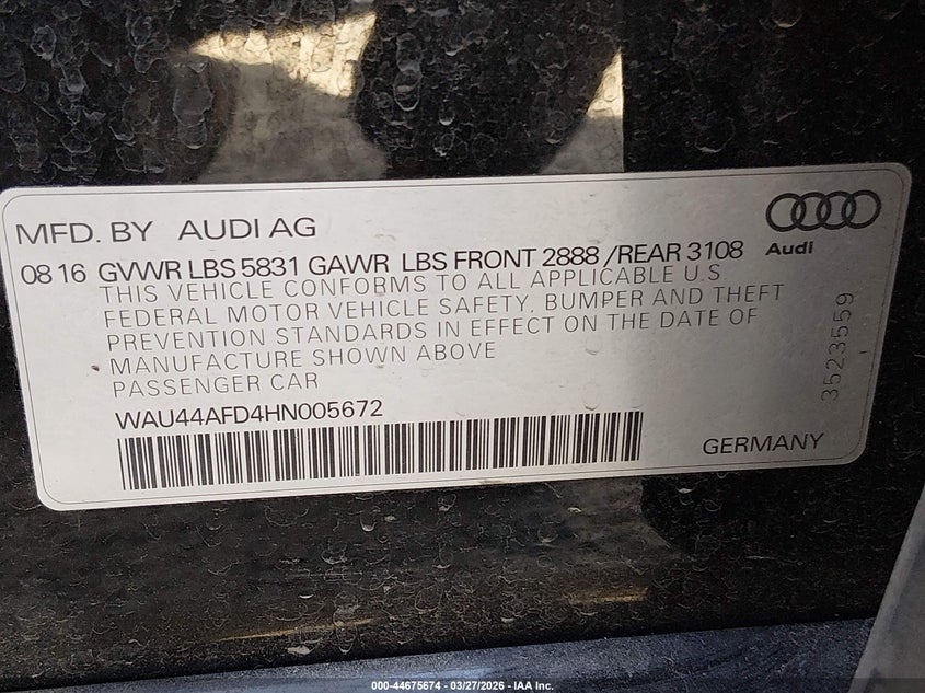 2017 Audi A8 L 3.0T VIN: WAU44AFD4HN005672 Lot: 44675674