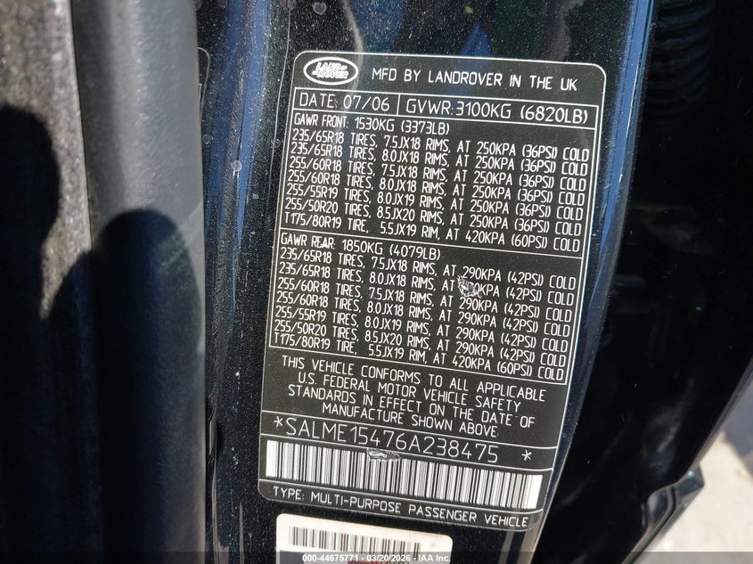 2006 Land Rover Range Rover Hse VIN: SALME15476A238475 Lot: 44675771