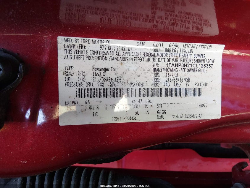 2012 Ford Focus 2.0 Sel red Lot 111044675813 Vin 1FAHP3H21CL128357