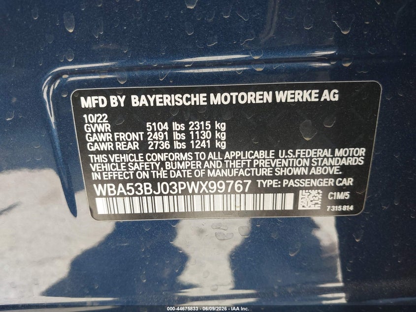 2023 BMW 540 3.0L I-6 DI, DOHC, V(VIN: WBA53BJ03PWX99767