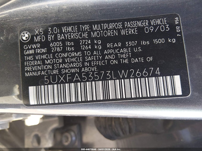 2003 BMW X5 3.0I VIN: 5UXFA53573LW26674 Lot: 44675846