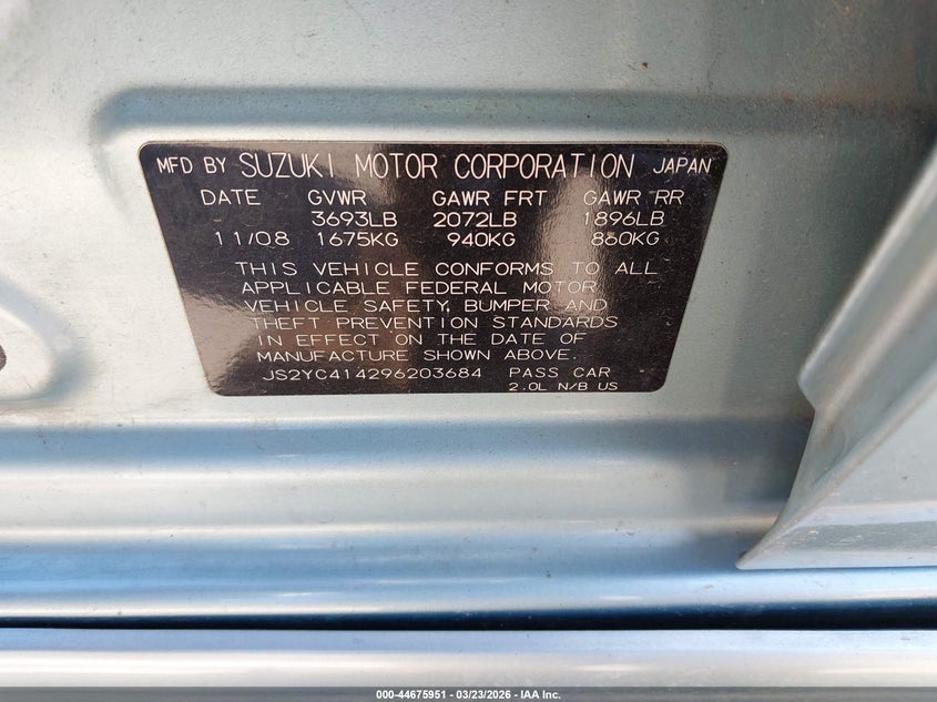 2009 Suzuki Sx4 Sport/Sport Technology VIN: JS2YC414296203684 Lot: 44675951