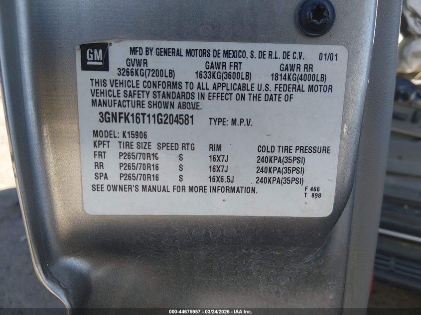 2001 Chevrolet Suburban 1500 Lt VIN: 3GNFK16T11G204581 Lot: 44675957