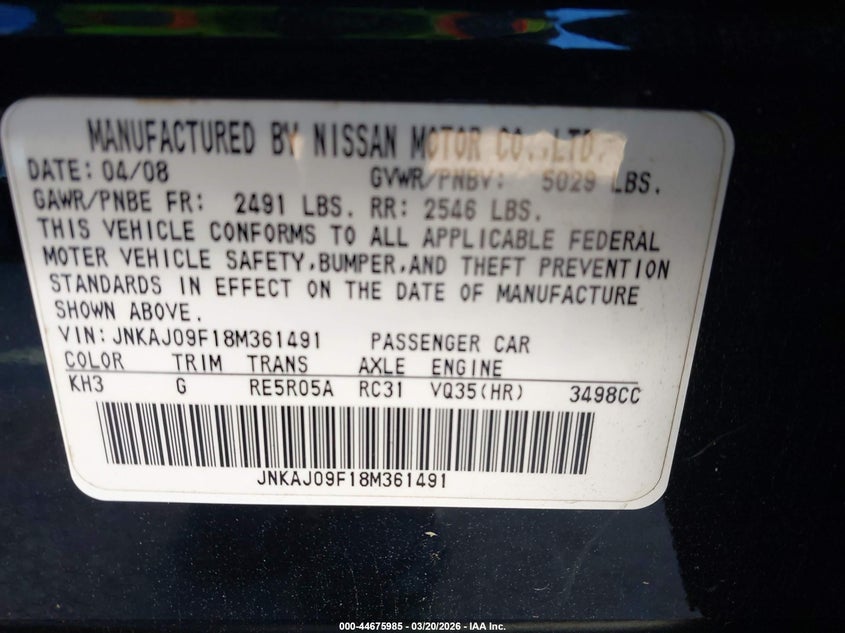 2008 Infiniti Ex35 Journey VIN: JNKAJ09F18M361491 Lot: 44675985