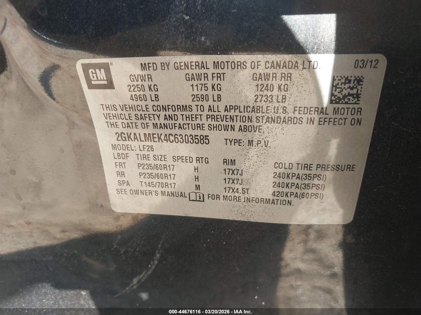 2012 Gmc Terrain 2.4 Sle-1 black Lot 111044676116 Vin 2GKALMEK4C6303585