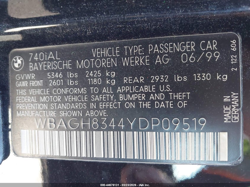 2000 BMW 740Il VIN: WBAGH8344YDP09519 Lot: 44676131