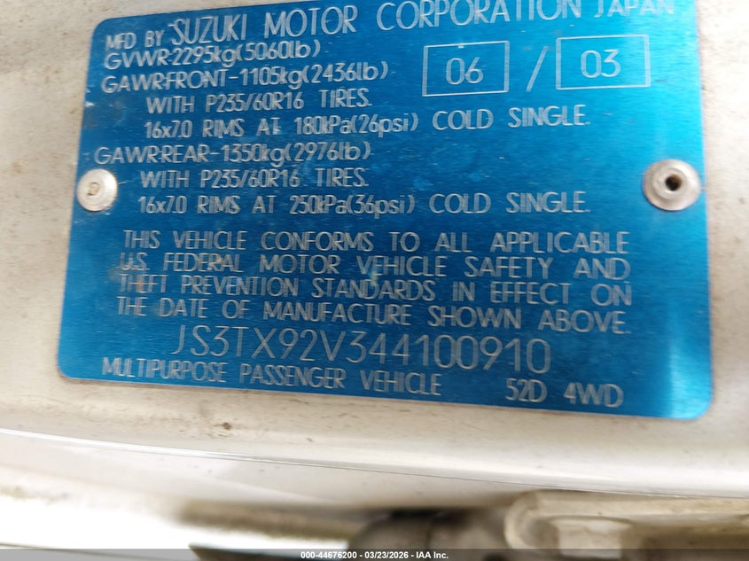 2004 Suzuki Xl-7 Ex/Lx VIN: JS3TX92V344100910 Lot: 44676200