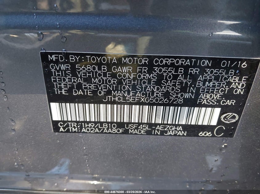 2016 Lexus Ls 460 VIN: JTHCL5EFXG5026728 Lot: 44676308