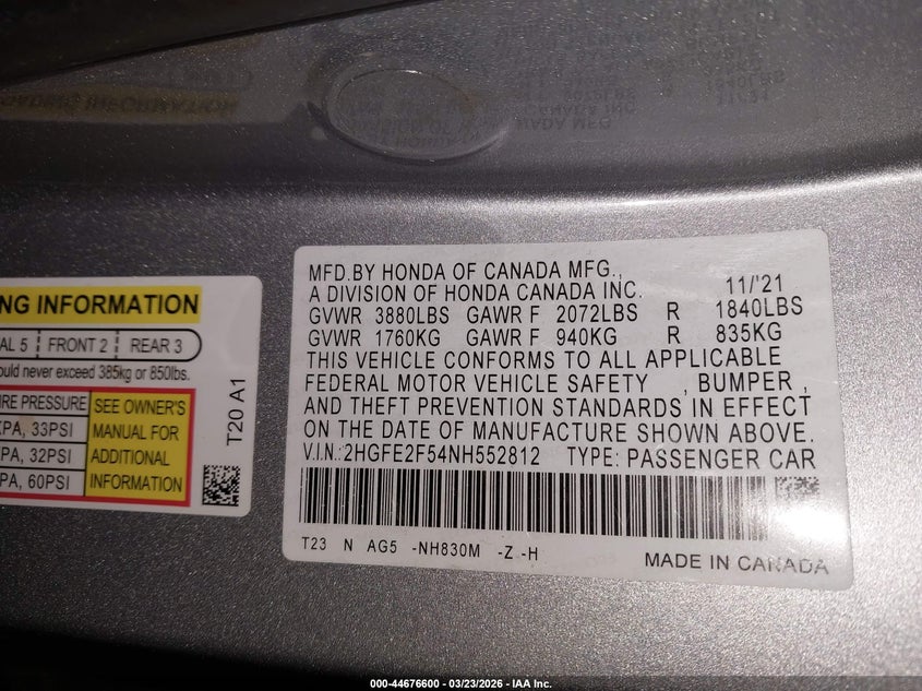 VIN 2HGFE2F54NH552812 2022 HONDA CIVIC SPORT