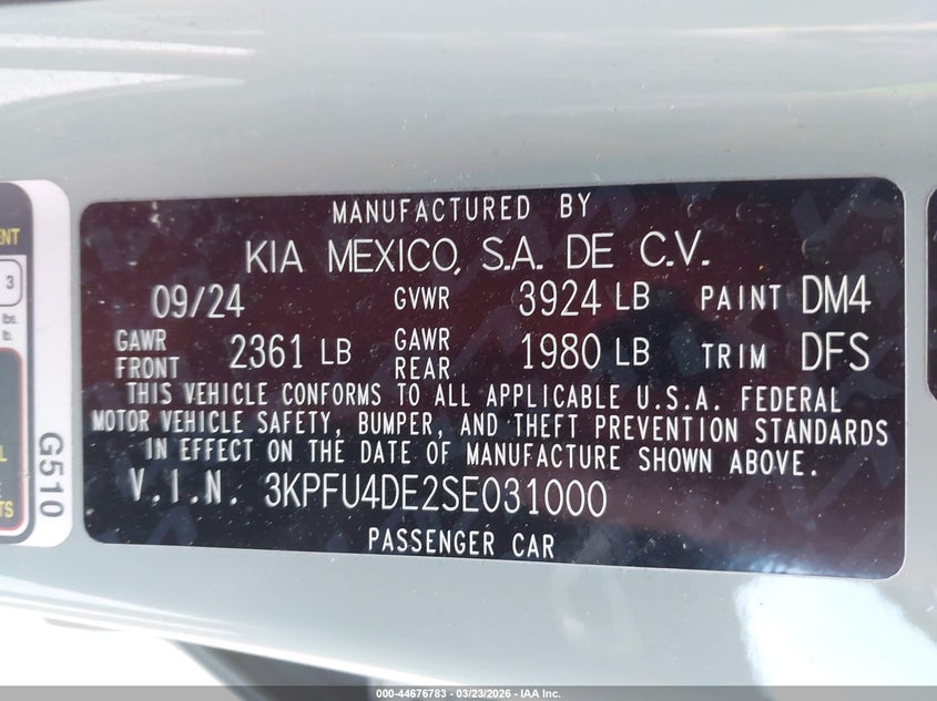 VIN 3KPFU4DE2SE031000 2025 KIA K4 EX