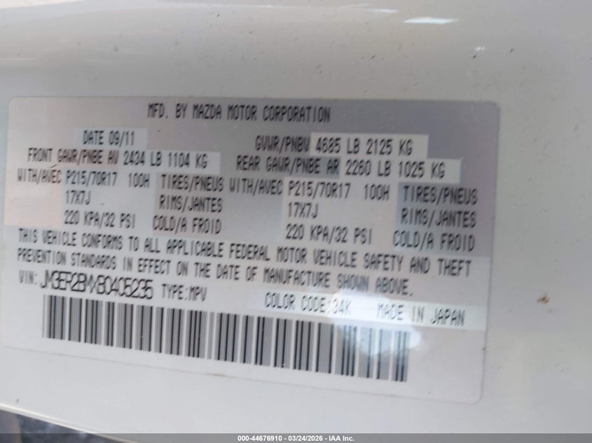 2011 Mazda Cx-7 I Sport VIN: JM3ER2BMXB0405235 Lot: 44676910