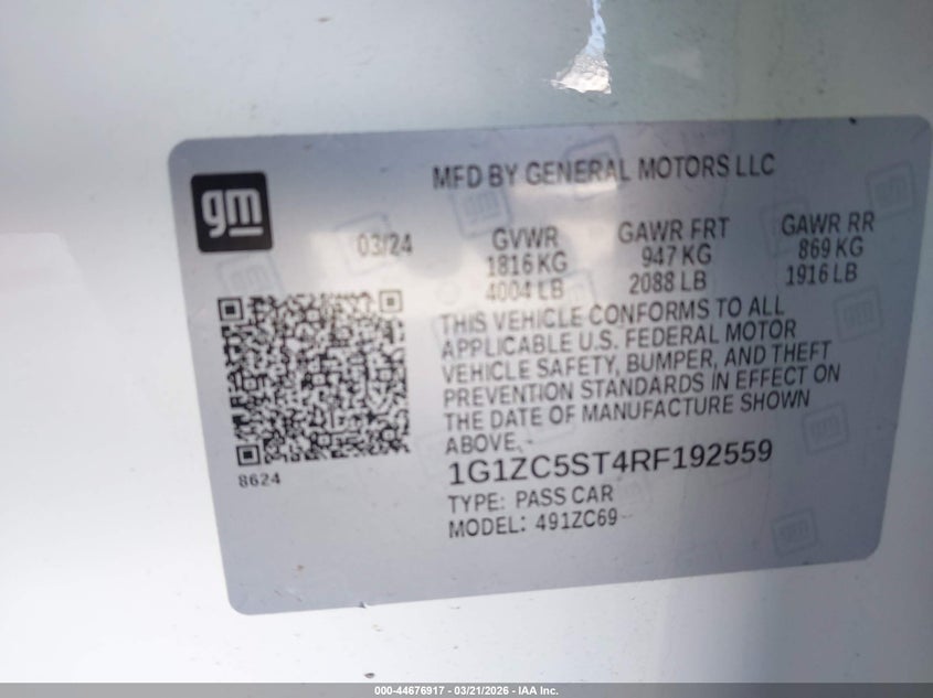 VIN 1G1ZC5ST4RF192559 2024 CHEVROLET MALIBU FWD 1FL