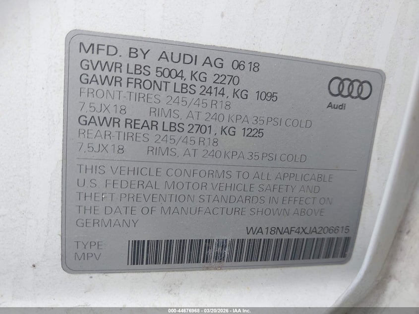 2018 Audi A4 Allroad 2.0T Premium/2.0T Tech Premium VIN: WA18NAF4XJA206615 Lot: 44676968