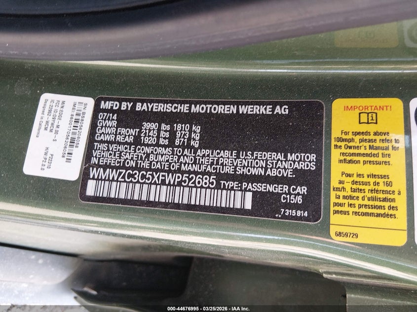 2015 Mini Countryman Cooper S VIN: WMWZC3C5XFWP52685 Lot: 44676995