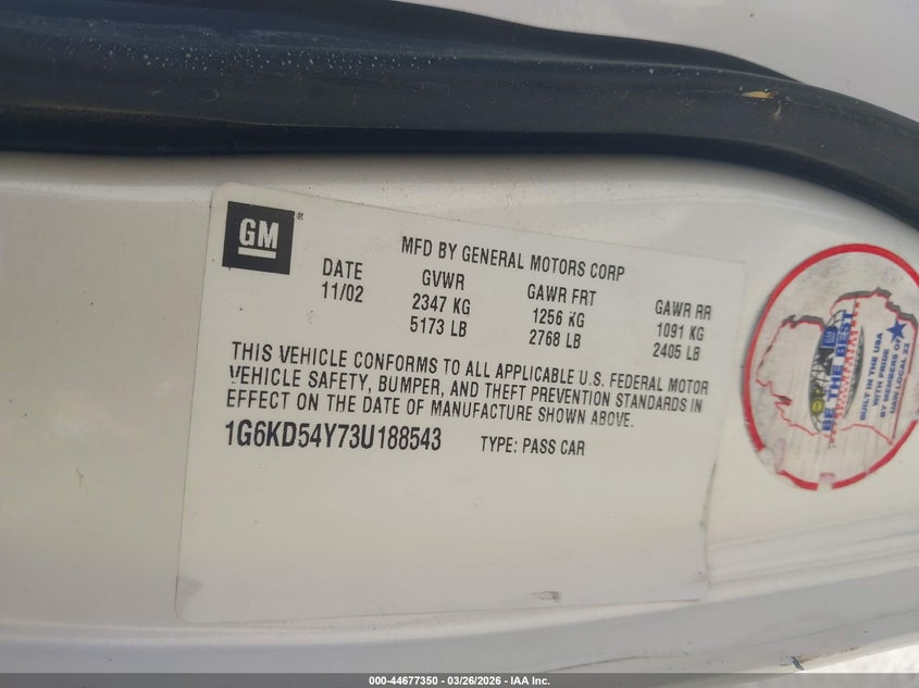 2003 Cadillac Deville Standard VIN: 1G6KD54Y73U188543 Lot: 44677350