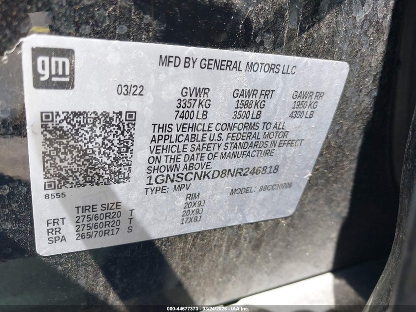 2022 Chevrolet Tahoe 2Wd Lt VIN: 1GNSCNKD8NR246818 Lot: 44677373