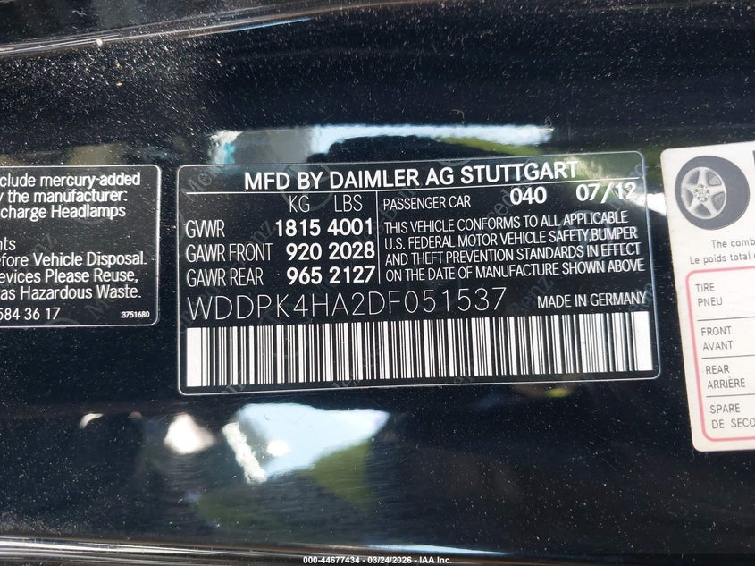 2013 Mercedes-Benz Slk 250 VIN: WDDPK4HA2DF051537 Lot: 44677434