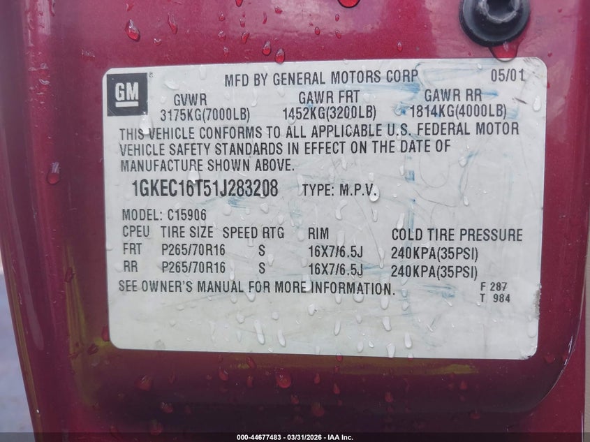 2001 GMC Yukon Xl 1500 Slt VIN: 1GKEC16T51J283208 Lot: 44677483