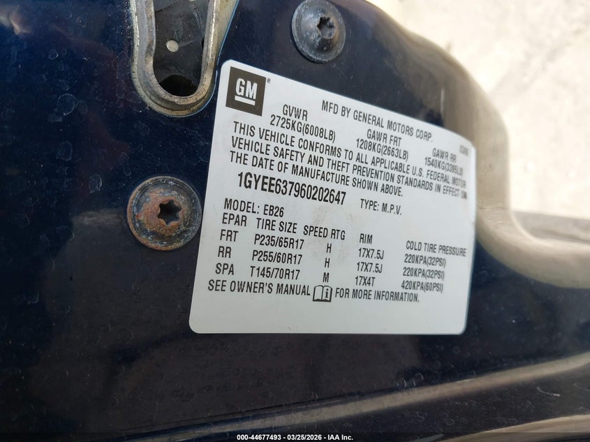 2006 Cadillac Srx V6 VIN: 1GYEE637960202647 Lot: 44677493