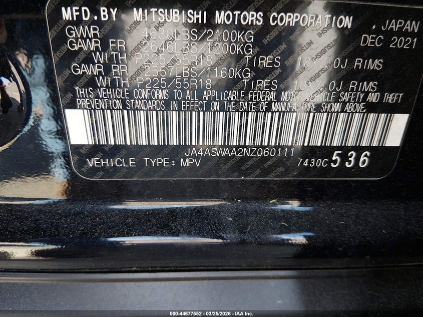 2022 Mitsubishi Eclipse Cross Se/Se Special Edition/Sel/Sel Special Edition VIN: JA4ASWAA2NZ060111 Lot: 44677552