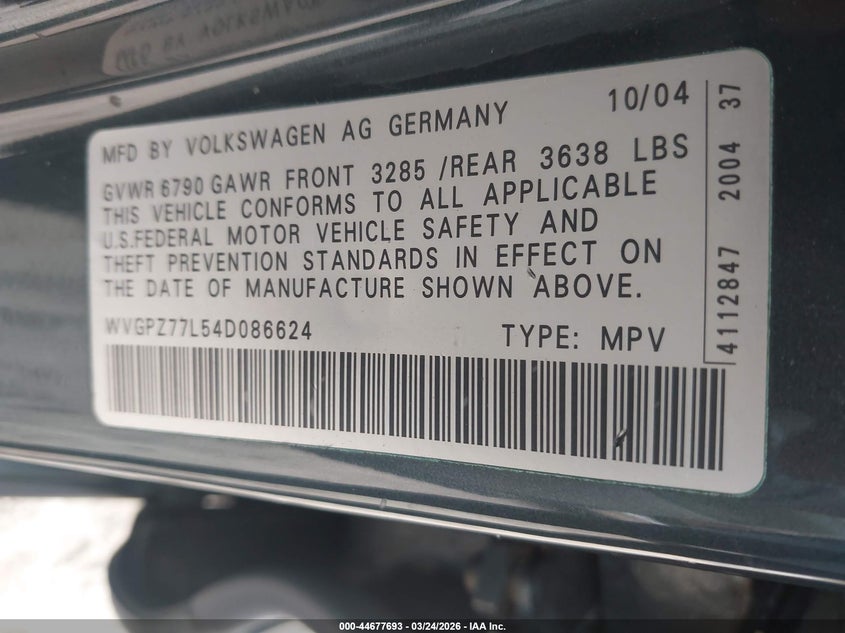 2004 Volkswagen Touareg V10 Tdi VIN: WVGPZ77L54D086624 Lot: 44677693